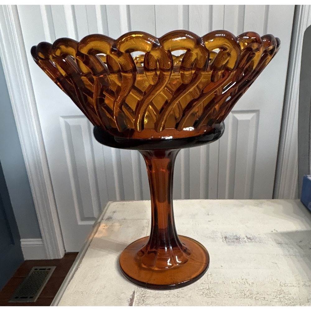 Amber Glass Pedestal‎ Compote Dish Round w/ Scalloped Openwork Rim